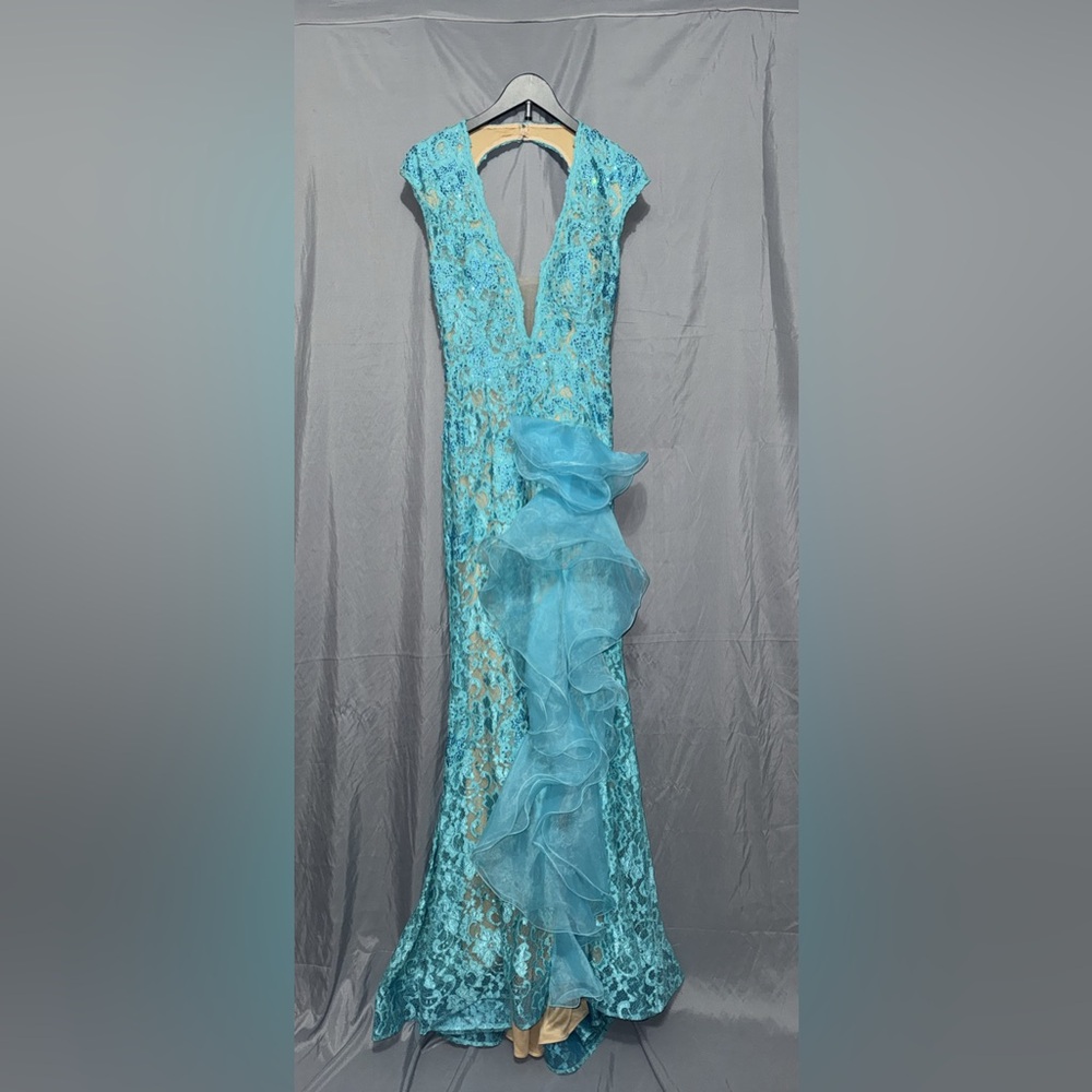 Jovani Turquoise Lace Maxi Gown with Organza Ruffle